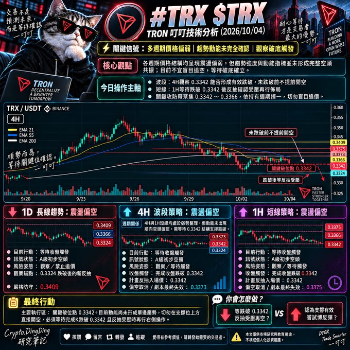 A cryptocurrency technical analysis chart in Chinese titled '#TRX $TRX TRON 叮叮技術分析 (2026/10/04)' showing TRX/USDT price action on Binance with 1D, 4H, and 1H timeframe strategies recommending a bearish short position.