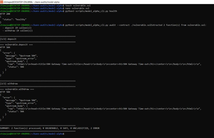 A terminal window screenshot displaying the output of a smart contract audit tool, showing HTTP 504 Gateway Time-out errors for 'deposit' and 'withdraw' functions.