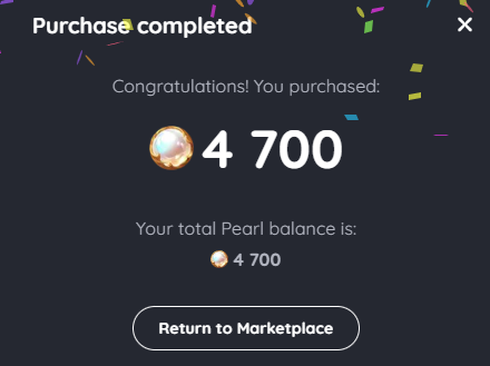 A 'Purchase completed' screen on a dark background with confetti displays 'Congratulations! You purchased:' an item worth 4,700 pearls, with a 'Return to Marketplace' button at the bottom.