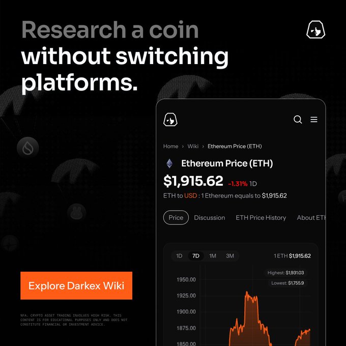 The image shows a Darkex Wiki interface displaying the Ethereum Price (ETH) at $1,915.62, down 1.31% in 24 hours, with a 7-day price chart showing highs of $1,931.03 and lows of $1,755.9, alongside the headline "Research a coin without switching platforms."

The image visually reinforces the post's message by showcasing how Darkex Wiki consolidates essential market data—price, chart, and exchange rates—into a single, clean interface, eliminating the need to jump between multiple crypto platforms for research.