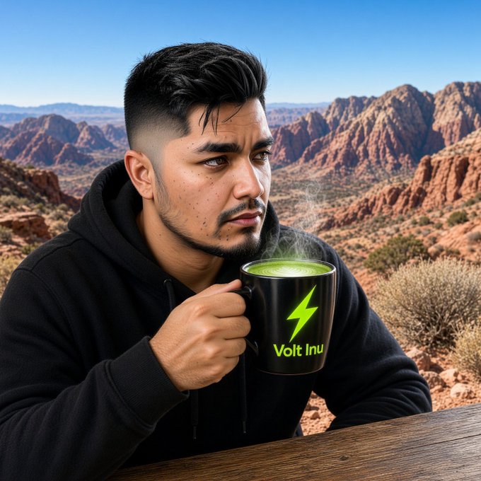 A man with a short fade haircut and a black hoodie holds a black mug that reads 'Volt Inu' with a green lightning bolt logo; the mug contains a green beverage and sits against a backdrop of a red rocky desert landscape.