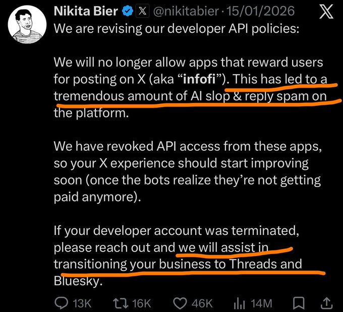 A screenshot of a post on X by Nikita Bier dated 15/01/2026 announcing a revision to developer API policies to ban apps rewarding users for posting, mentioning transitions to Threads and Bluesky, with certain phrases highlighted in orange.