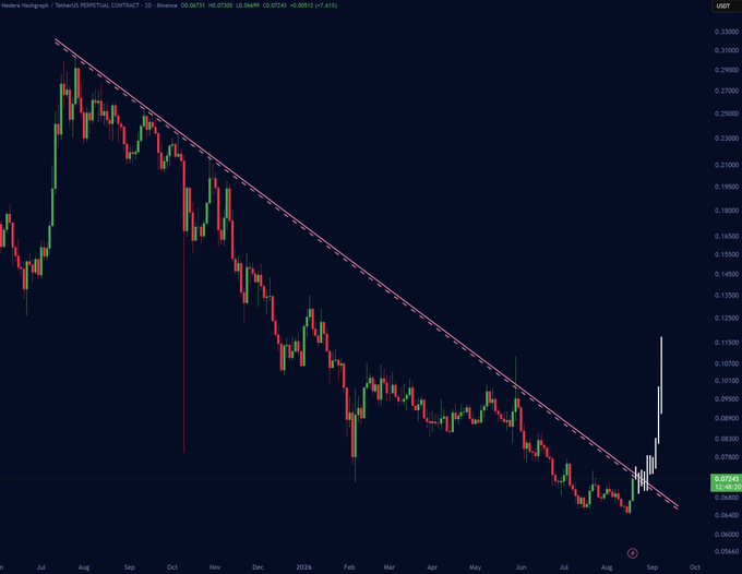 A TradingView daily chart of Hedera Hashgraph (HBAR) shows a long-term descending trendline being broken with a sharp bullish rally from ~$0.067 toward $0.10, visually supporting the post's claim that a "big bounce" to the $0.10 level is "doable."
