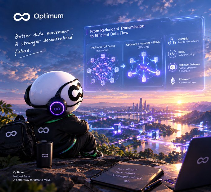 A character with an infinity logo overlooks a futuristic cityscape with a billboard explaining how Optimum transforms redundant P2P gossip transmission into efficient data flow using mump2p + RLNC. The visual reinforces the post's theme by illustrating the shift from wasteful redundancy to streamlined network efficiency as the core value proposition of the project.
