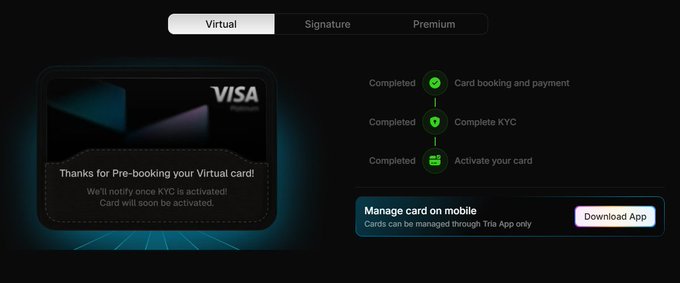 The image shows a screenshot of a virtual Visa credit card account details screen, including a payment gateway, premium features, contact information, and instructions for users to manage the card on their mobile devices. The caption below this screenshot reads "Hearing the news that @useTria was giving away a free virtual card immediately made me very interested in exploring it." This implies that the user has just acquired the credit card or is about to do so and wants more information or assistance with managing the card through their smartphone.