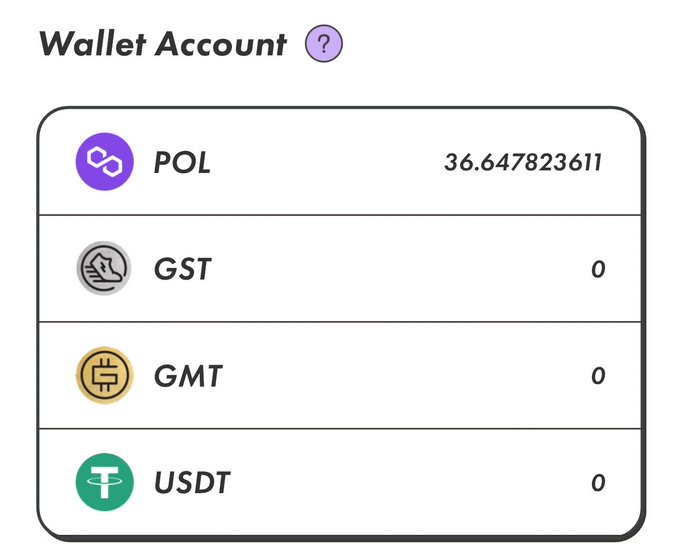 A wallet account screen displays holdings of 36.6478236111 POL, along with zero balances for GST, GMT, and USDT tokens. The image illustrates the result mentioned in the post, showing the user's POL balance after swapping their pGST tokens.