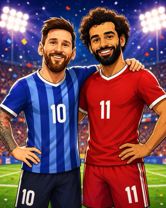 Two cartoon-style soccer players wearing jerseys numbered "10" (blue striped) and "11" (red) pose together on a stadium field under bright lights, celebrating a match victory. The image ties into the post's promise of celebrating Egypt's qualification for the World Cup by offering dollar prizes to two random commenters.