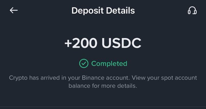 The image shows a Binance "Deposit Details" screen confirming a completed deposit of +200 USDC, indicating that the crypto has arrived in the user's Binance account. This successful deposit likely reflects the earnings or funds tied to the creator's NFT and UGC activities mentioned in the post.