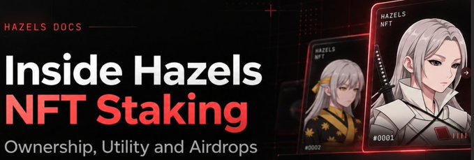 A banner titled 'Inside Hazels NFT Staking: Ownership, Utility and Airdrops' featuring anime-style NFT character artwork from Hazels Docs.