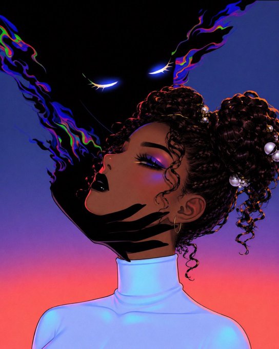 A digital illustration of a woman with dark skin, blue eyeshadow, and curly hair adorned with pearls, set against a vibrant purple and orange gradient background with shadowy, glowing tendrils emerging above her.