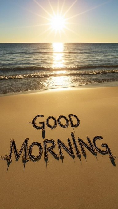 A serene beach scene at sunrise with the words 'GOOD MORNING' written in the golden sand in the foreground, as the sun reflects across the calm ocean waves.