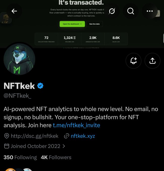A Twitter profile screenshot for 'NFTkek' (@NFTkek_) advertising 'AI-powered NFT analytics' with 4K followers.