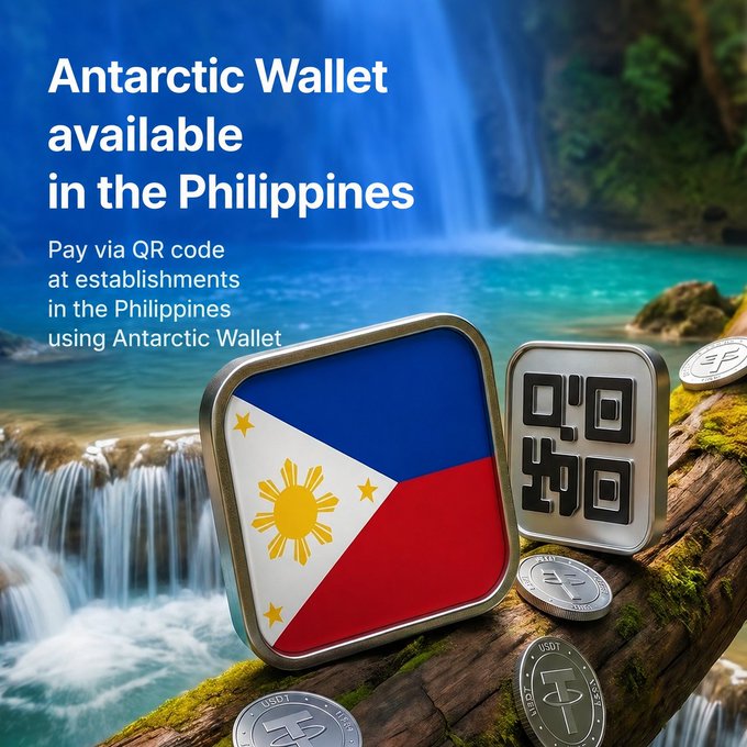 The image shows a QR code that can be used for making payments using cryptocurrency, specifically Bitcoin. The code is displayed at the top of an advertisement for an Antarctic Wallet available in the Philippines. The wallet allows users to pay via QR code at local merchants, providing a seamless and secure way to make transactions without the need for physical currency or banks.