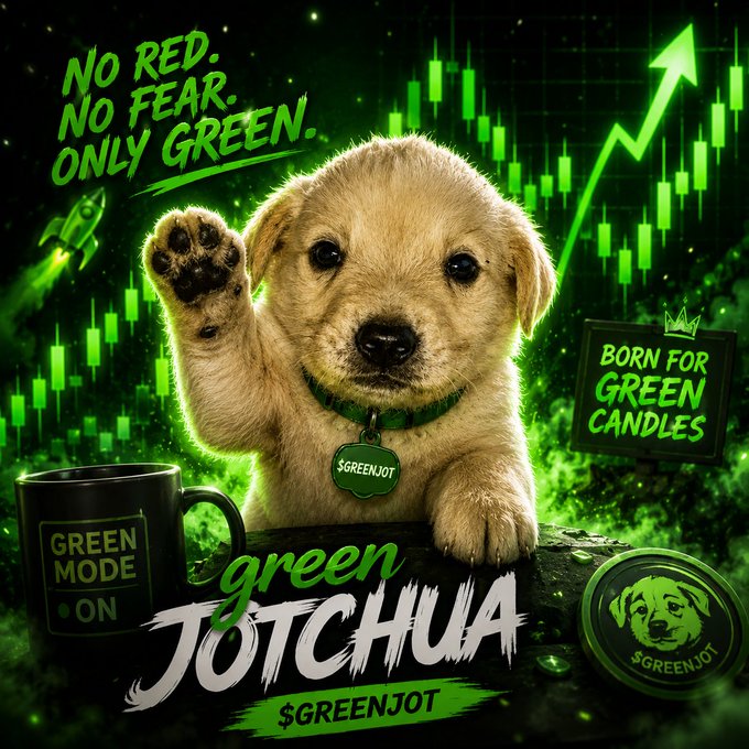 A digital illustration featuring a golden puppy in a green background with stock market charts and various text including 'NO RED. NO FEAR. ONLY GREEN.', 'GREEN MODE ON', 'BORN FOR GREEN CANDLES', and '$GREENJOT'. The puppy is wearing a green collar with a tag that says '$GREENJOT'.