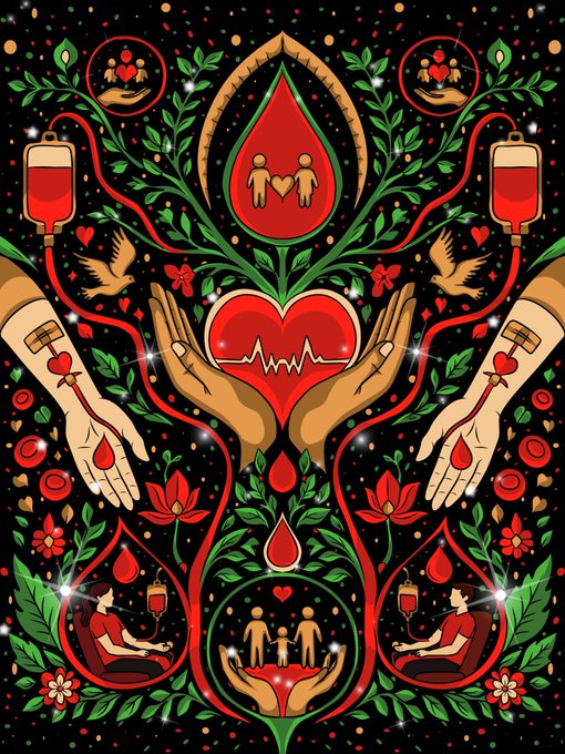 A colorful, symmetrical folk-art style illustration centered on hearts, hands giving blood, IV drips, and birds, set against a starry black background.