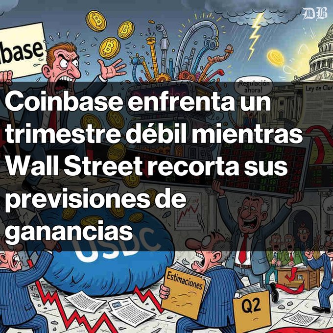 A political cartoon featuring panicked figures, a melting pot of crypto coins, and falling charts, overlaid with Spanish text reading 'Coinbase enfrenta un trimestre débil mientras Wall Street recorta sus previsiones de ganancias'.