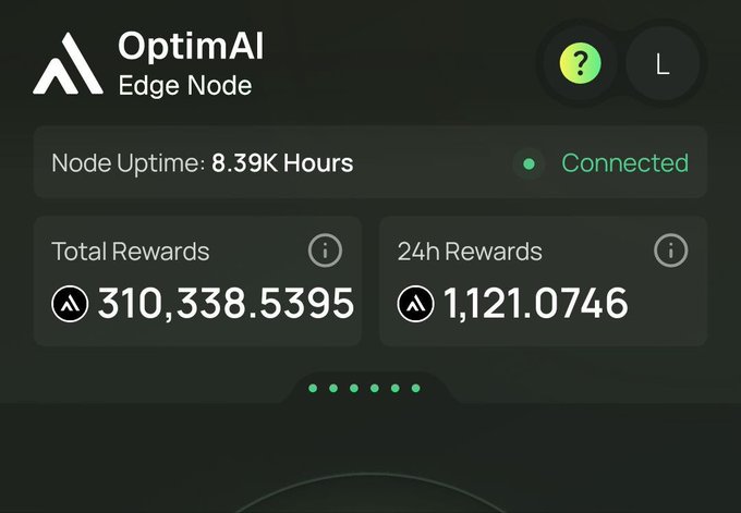 The image shows a dashboard for an "OptimAI Edge Node" displaying 8.39K hours of node uptime with a "Connected" status, alongside total rewards of 310,338.5395 and 24h rewards of 1,121.0746 tokens. This screenshot illustrates the user-friendly interface for OptimAI Network participants, highlighting the accumulation of rewards over time despite the project's lack of recent roadmap updates or TGE timeline announcements mentioned in the post.
