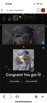 A mobile screenshot of a hypersquare.io webpage displaying a 'Congrats! You got it!' message with a colorful anime-style character card celebration screen.