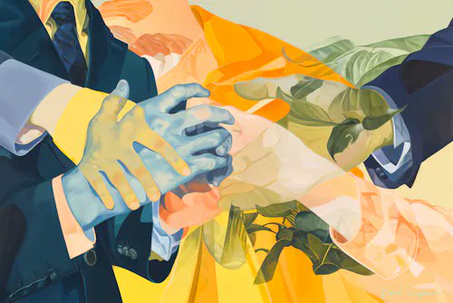 An abstract digital painting shows multiple overlapping hands in business attire shaking or reaching out, rendered in vibrant colors of blue, yellow, orange, and green.