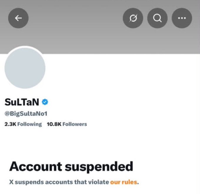 A screenshot of a suspended X/Twitter account belonging to 'SuLTaN' (@BigSultaNo1) with 10.8K followers, showing an 'Account suspended' notice.