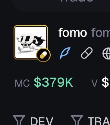 The image shows a token listing on a crypto platform with the ticker "fomo" and a market cap of $379K, displayed alongside a black-and-white mascot image. The post highlights the developer's 25K buy as a show of support for the token, which aligns with the visible market cap figure shown in the screenshot.