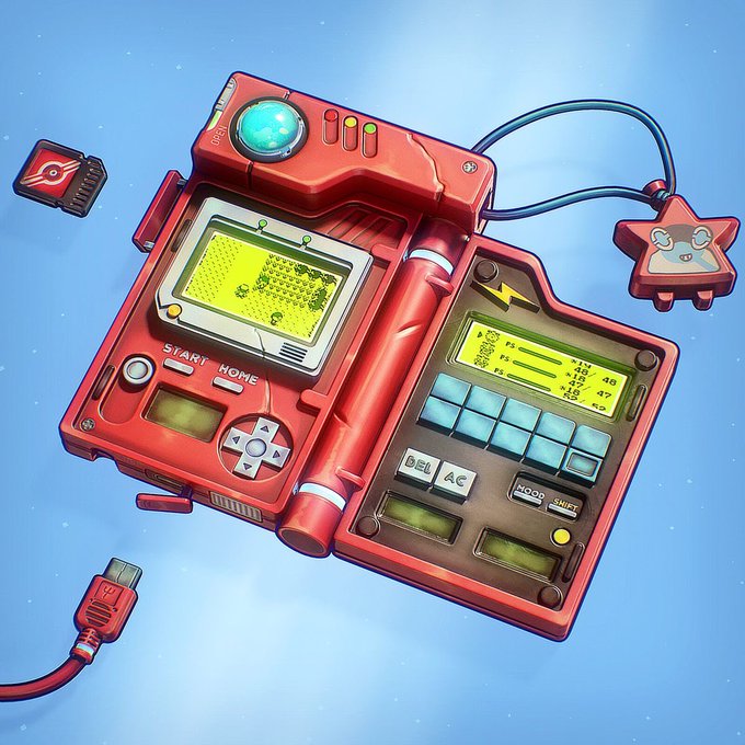 A stylized 3D illustration of a retro-futuristic red handheld gaming device with a star-shaped pet accessory, featuring a green pixelated screen.