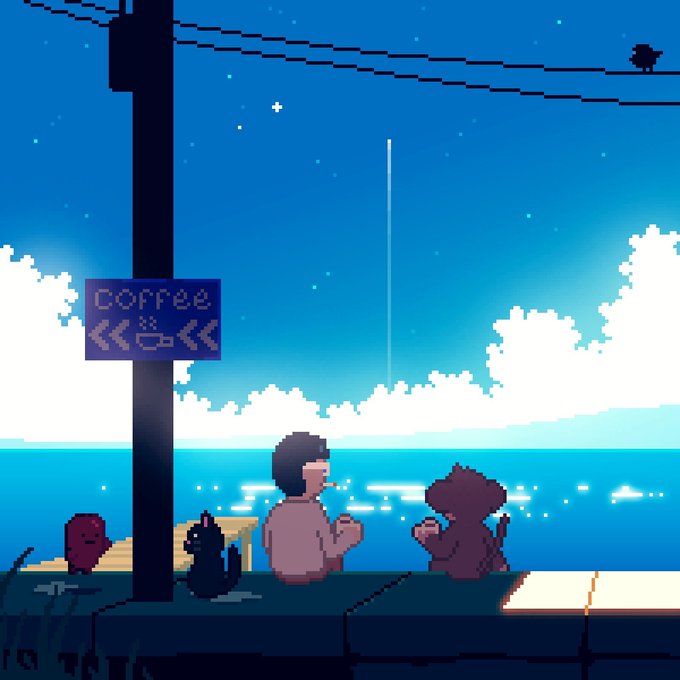 Pixel art scene of a person and several cats sitting by the ocean at night under a starry sky, with a sign reading 'Coffee' nearby.
