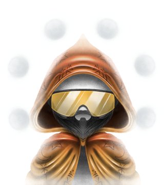 A hooded character wearing golden goggles and a tan cloak against a white background with floating orbs.