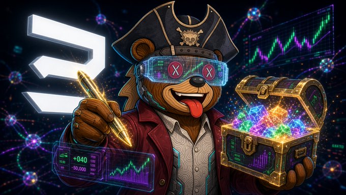 A cartoon bear dressed as a pirate with an eyepatch and VR goggles holding a glowing quill and a treasure chest filled with colorful gems and a 'S' logo, surrounded by stock market charts.