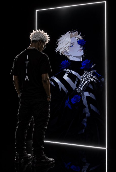 A man with white hair wearing a black t-shirt with 'ITIA' on the back stands facing a large illuminated mirror that reflects an anime-style character with white hair and blue roses.