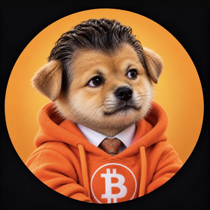 An illustrated image of a small fluffy puppy wearing an orange hoodie with the Bitcoin 'B' logo on it, along with a white shirt and patterned tie, set against an orange circular background.