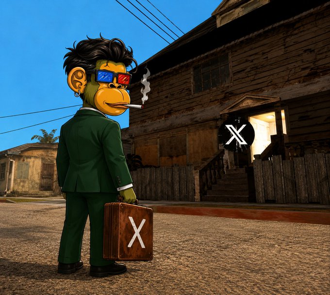 A 3D-rendered Bored Ape-style character in a green suit smoking a cigarette and holding a briefcase marked with the X logo, standing in front of an abandoned house with the X (Twitter) symbol illuminated in the doorway.
