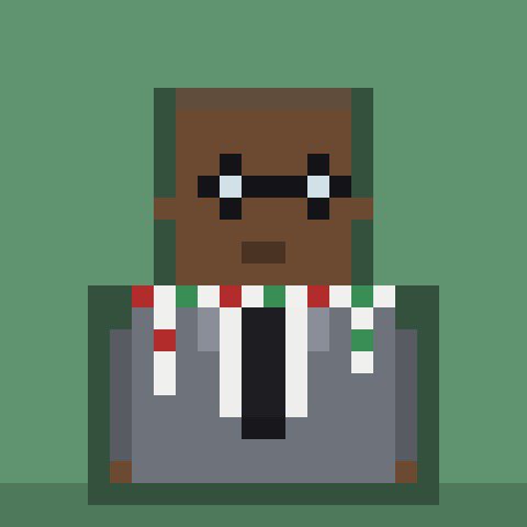 A pixel art portrait of a dark-skinned character with white, rectangular eyes wearing a gray suit with a white shirt, a red-and-green striped scarf, and a black tie, set against a solid green background.