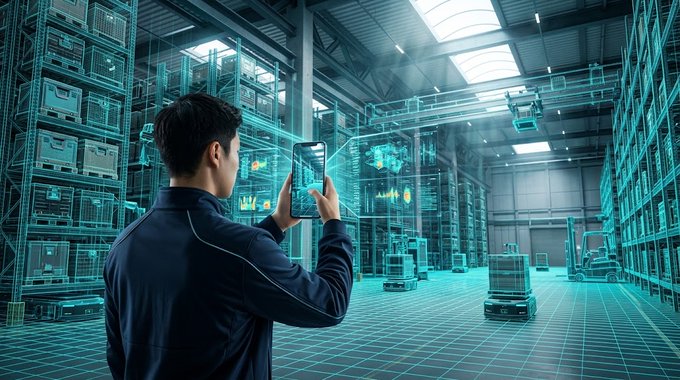 A man in a dark jacket holds a smartphone displaying holographic data visualizations in a futuristic warehouse filled with shelving and autonomous robots.