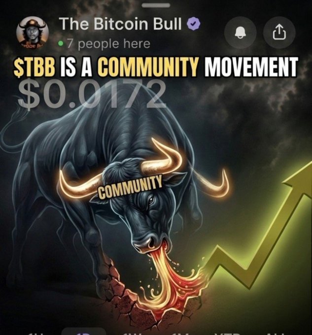 A Telegram channel screenshot titled "The Bitcoin Bull" with "7 people here," promoting "$TBB IS A COMMUNITY MOVEMENT" at "$0.0172" with an image of a bull breathing fire.