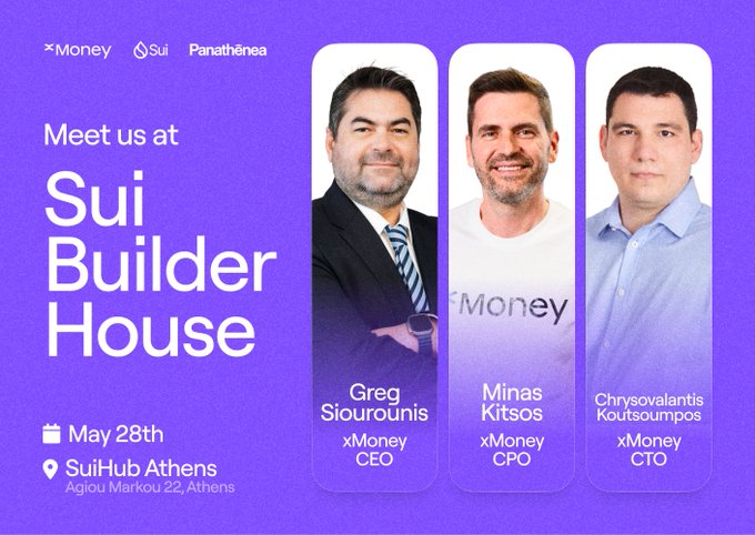 The image features three men standing next to each other against a purple background with white text. The first man is wearing a suit and tie, while the second man has a more casual look with a t-shirt and jeans. The third man is dressed in a shirt that says "Money". They are all smiling for the camera, suggesting they might be attending an event or gathering related to builders, infrastructure, and the future of digital finance.