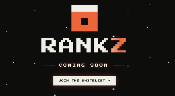 A pixel-art style graphic displaying "RANKZ" with "COMING SOON" and a button reading "JOIN THE WHITELIST ->" below an orange and white logo.