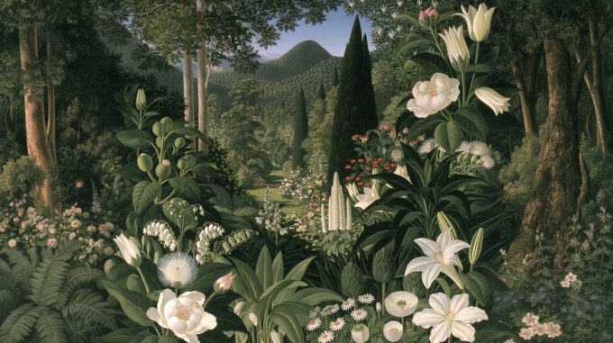 A lush, detailed painting of a vibrant garden filled with white lilies, pink roses, and various blooms, with tall trees and mountains in the background.