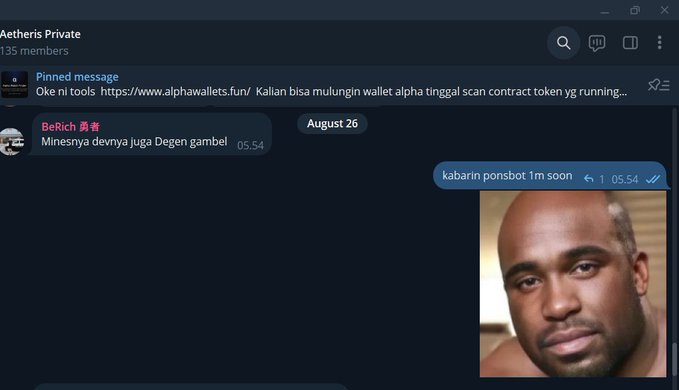 A screenshot of a Telegram group chat called 'Aetheris Private' where a user named 'BeRich' shares a message and a selfie of a bald man.