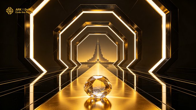 A glowing golden diamond sits at the center of an octagonal, futuristic corridor illuminated with warm neon lights, evoking a sense of discovery and value, while the watermark "ARK | DeFAI" appears in the upper left corner. The radiant gem symbolizes the spark of potential referenced in the post, reflecting how the Arkie AI App empowers ARK users to transform their ideas into tangible, valuable contributions.