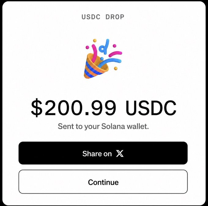 The image shows a "USDC DROP" confirmation screen displaying $200.99 USDC has been sent to a Solana wallet, with options to share on X or continue. It illustrates the successful payout from the airdrop mentioned in the post, confirming that a follower has received their share of the free USDC giveaway for submitting a SOL wallet address before the deadline.