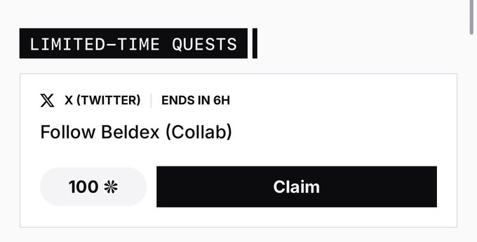 A 'Limited-Time Quests' panel showing a Twitter task that rewards 100 tokens for 'Follow Beldex (Collab)' with a 'Claim' button, ending in 6 hours.
