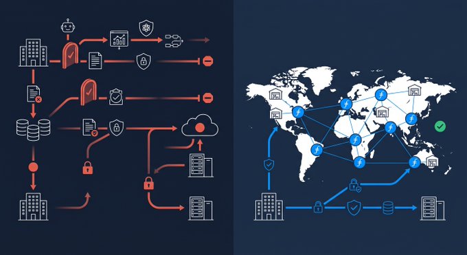 The image contrasts two data infrastructure architectures side by side: on the left, a complex, centralized cloud-based system with multiple gateways, security locks, and bottlenecks depicted in red, illustrating the governance friction delaying AI projects; on the right, a distributed global network shown on a world map with interconnected nodes, representing the decentralized private infrastructure (like Filecoin storage) where 66% of enterprises are moving workloads to regain control.

No specific text, numbers, tickers, or names appear in the image itself.