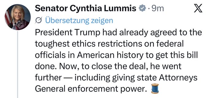 A tweet from Senator Cynthia Lummis (@) reads: "President Trump had already agreed to the toughest ethics restrictions on federal officials in American history to get this bill done. Now, to close the deal, he went further — including giving state Attorneys General enforcement power." The image supports the accompanying post's claim that Senator Lummis confirmed Trump agreed to grant state Attorneys General enforcement power to advance the Clarity Act.
