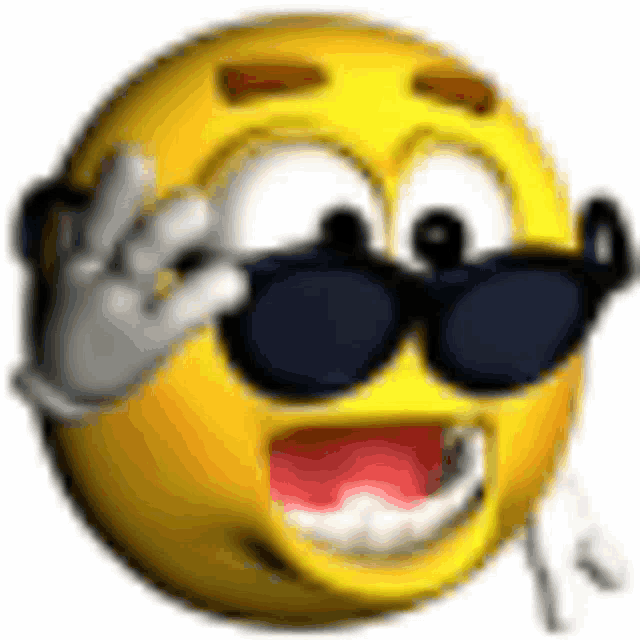 A yellow emoji face wearing dark sunglasses with an open smiling mouth, while a gloved hand adjusts the sunglasses.