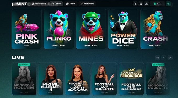The MINT gaming platform's main lobby displaying various casino games (Pink Crash, Plinko, Mines, Power Dice, Crash) and live dealer games (Prime Blackjack 4, Football Cup Blackjack, Football Roulette) with a 0.00 balance.