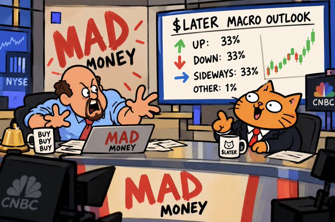 A humorous cartoon parody of CNBC's 'MAD MONEY' show features a bald, shouting host and an orange cat anchor discussing a '$LATER MACRO OUTLOOK' with arrows indicating 33% up, down, and sideways, alongside a stock chart.