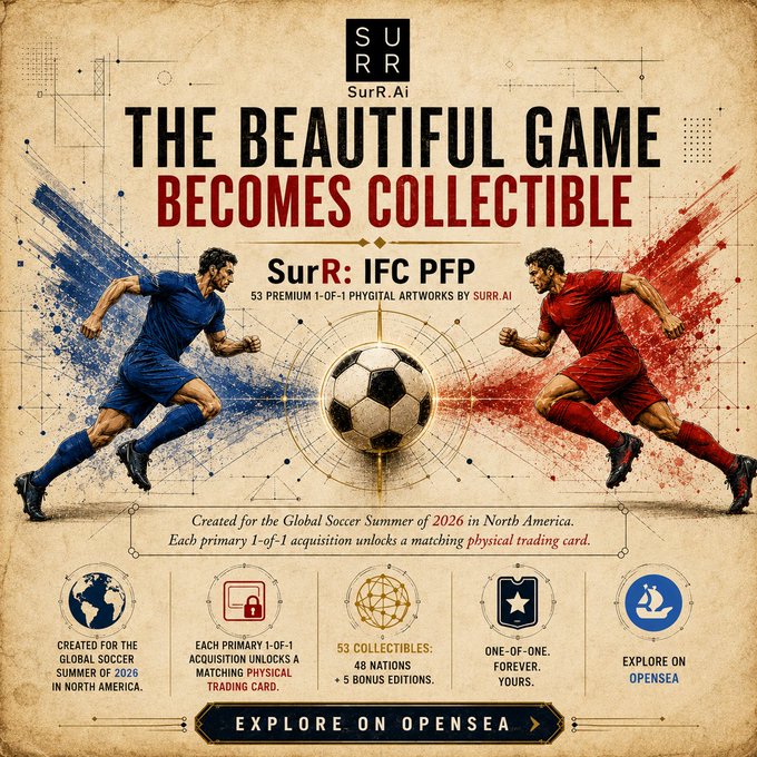 A promotional poster titled 'THE BEAUTIFUL GAME BECOMES COLLECTIBLE' advertises 'SurR: IFC PFP' by 'SurR.Ai', featuring two soccer players running toward a ball and promoting a 1-of-1 physical trading card collection on OpenSea.