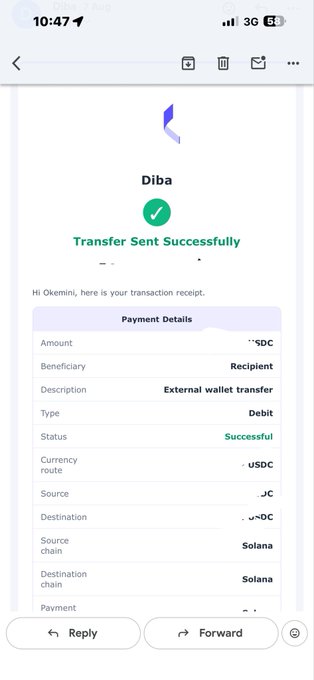 A mobile screenshot of a transaction receipt from 'Diba' showing 'Transfer Sent Successfully' for an external wallet transfer on the Solana blockchain, with the amount and beneficiary details partially redacted.