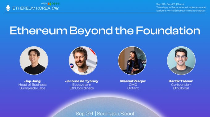 A promotional banner for 'Ethereum Korea One' event 'Ethereum Beyond the Foundation' on Sep 29 in Seongsu, Seoul, featuring speakers Jay Jang (Sunnyside Labs), Jerome de Tychey (EthCoord), Mashal Waqar (Octant), and Kartik Talwar (ETHGlobal).